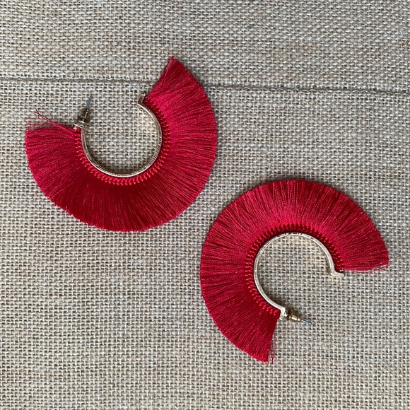 Red Fringe Hoop Earrings - Picture 2 of 2